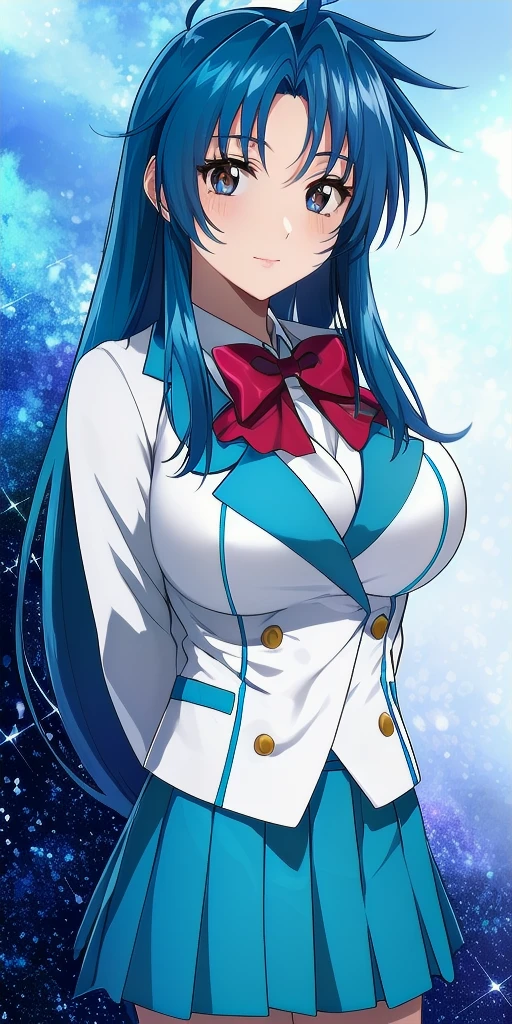 <lora:ChidoriV4:0.7> kaname_chidori_low-tied_long_hair, huge_breasts, standing, solo, arms_behind_back, starry_sky, red_hair_bow, blazer_aqua_plaid_skirt_red_bowtie, masterpiece, best_quality, detailed_face, detailed_eyes, highres, beautiful, detailed, absurdres,