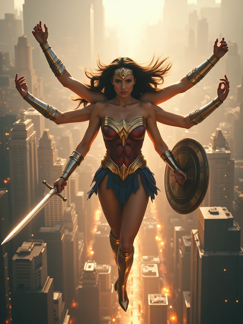 papiyan,cinemagraph of the wonder woman of DC has multiple arms,flying over city,holding sword and shield,wear full armor