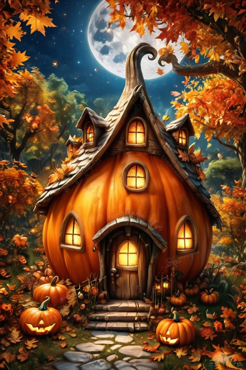 score_9, score_8_up, score_8,  ,,,  zzPumpkinHouse, starry sky, moon, leaf, watermark, grass, jack-o'-lantern, autumn leaves ,<lora:PumpkinHouse_PDXL_v1:0.8>,  ,,, embedding:zPDXL,  <lora:SDXLFaeTastic2400:0.5>,