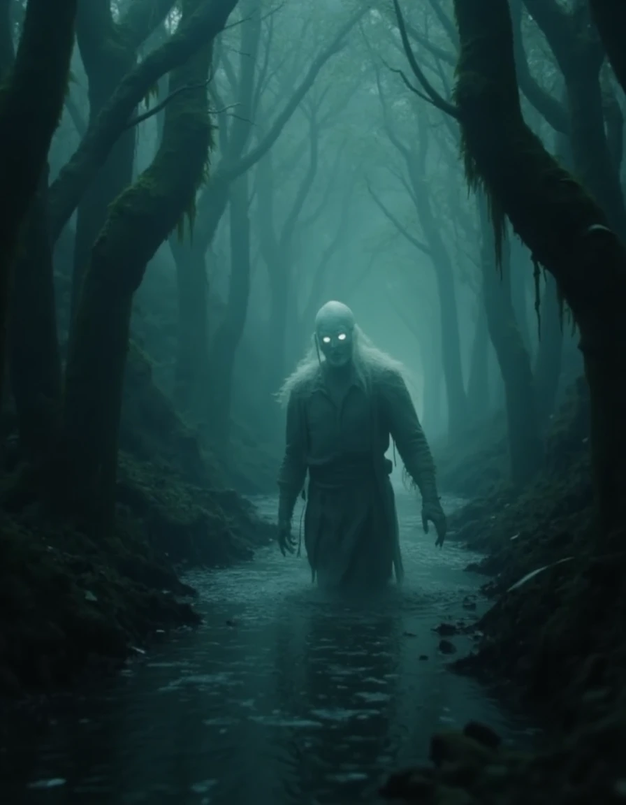 A ghostly figure drifts through a dark, eerie swamp, its translucent form barely visible in the thick, swirling mist. The ghost's tattered, flowing robes trail behind it, moving silently over the murky waters. Hollow eyes glow faintly, casting a dim, unsettling light over the twisted, gnarled trees and hanging moss that surround the figure. The swamp is shrouded in shadow, with faint ripples in the black water and the distant croak of unseen creatures adding to the haunting atmosphere. As the ghost glides through the mist, the soft glow of its form contrasts with the oppressive darkness of the swamp, making its presence both haunting and otherworldly in the desolate, forgotten landscape <lora:lotrghost_v1:0.8>