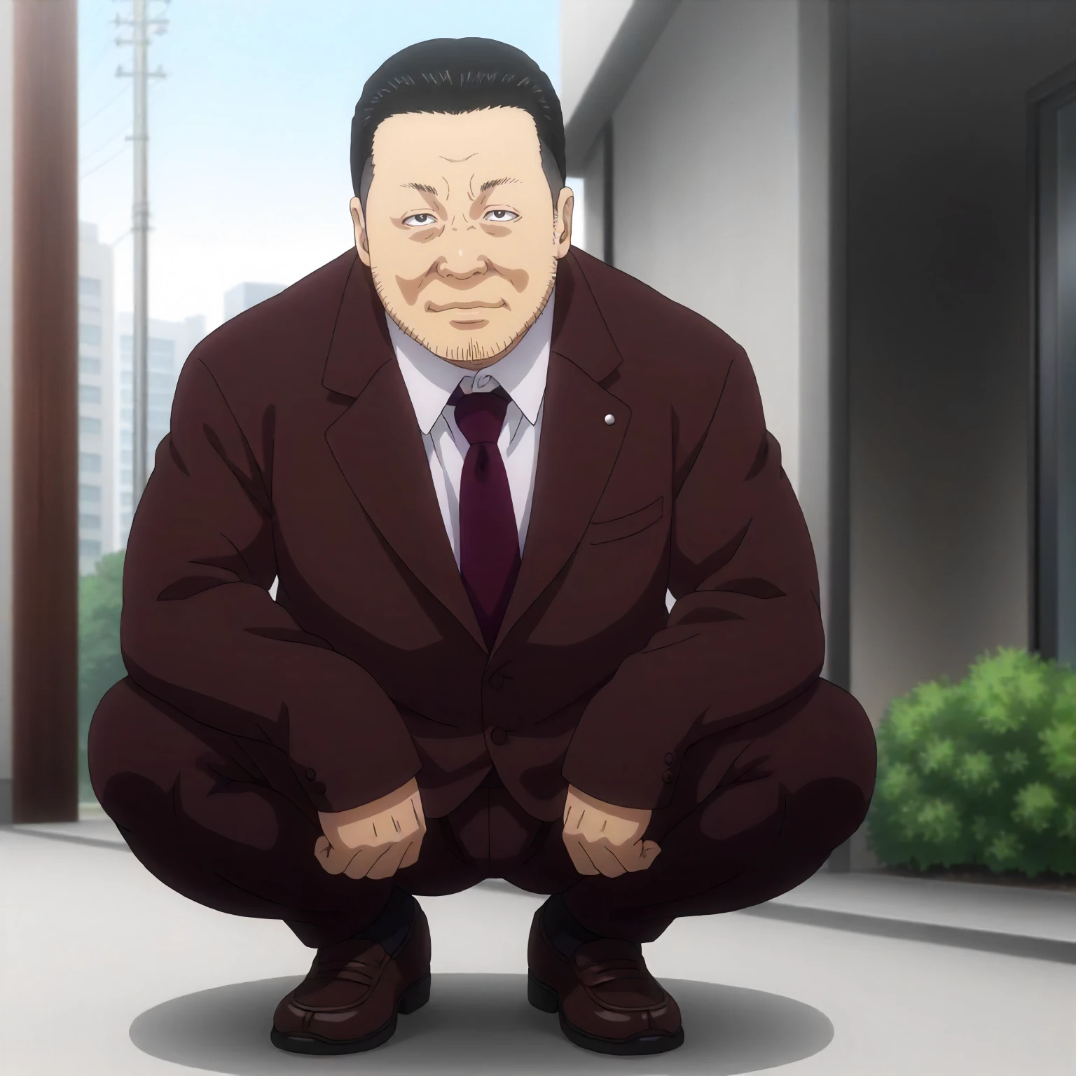 <lora:TF_TakeshiEbiharaXLpony001>,
outdoors,
looking at viewer,
solo,
TakeshiEbihara,mature male,black hair,short hair,business_suit,black eyes,sideburns,fat,
business_suit,brown jacket,
squatting,