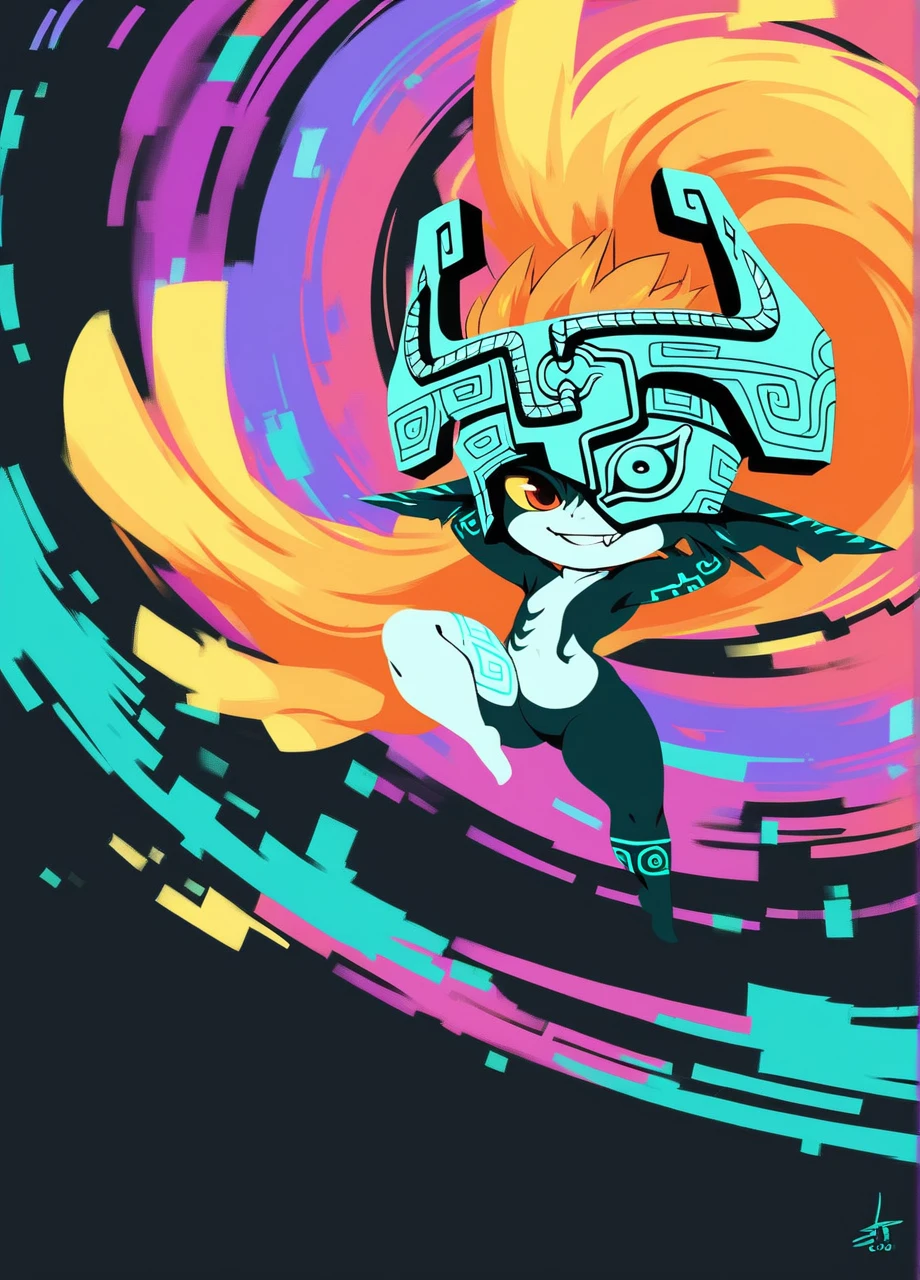 score_9, score_8_up, score_7_up, score_6_up, score_5_up, score_4_up, source_anime,source_furry,rating_safe,rating_questionable,masterpiece, best quality, perfect anatomy , very aesthetic , absurdres ,quality\(soft lighting, intricate, highly detailed, soft particles, fantasy landscape, moonlight, ruins, overgrown, magic\), BREAK ,(1couple\(midna and wolf\):1.4),1girl\(midna,midnaimp, colored sclera, multicolored skin, two-tone skin, helmet, very long hair, prehensile hair, full body, fang,small breast,chibi,cute,(naked:0.4)\),1wolf\((very big:1.4),black,sharp fang\),(dynamic angle:1.4),(dinamic pose:1.4),motion blur,(beautiful landscape),(at night)