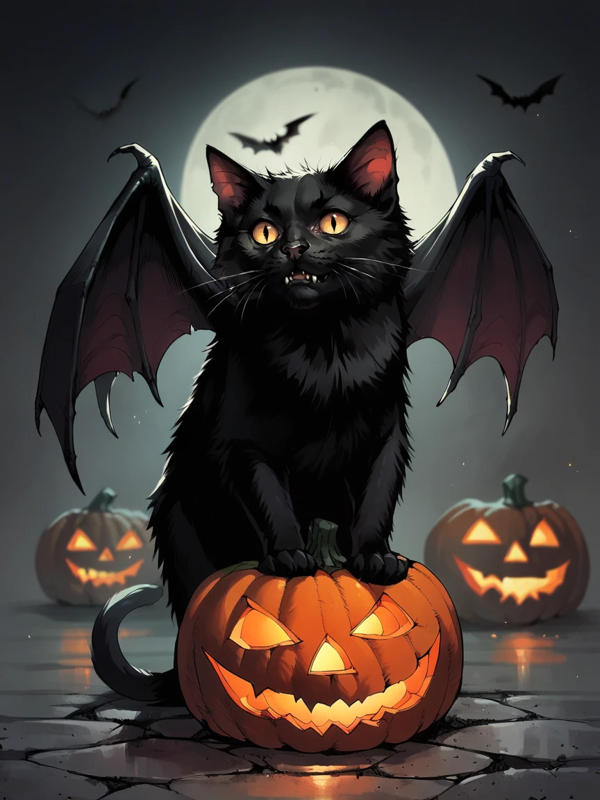 score_9, score_8_up, score_7_up, score_6_up, score_5_up,  <lora:catbatXLP:1> catbat, no humans, animal focus, black cat, bat wings, pumpkin,