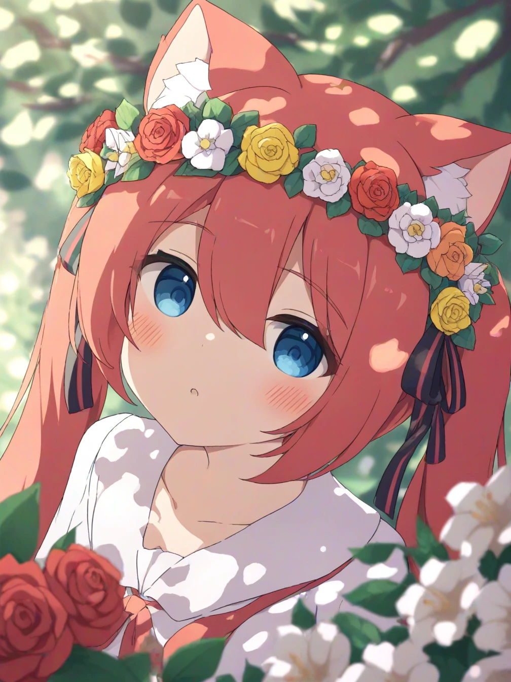 1girl,solo,animal ears,animal ear fluff,cat ears,hair ornament,yellow flower,hair flower,long hair,red hair,hair between eyes,blue eyes,shirt,white shirt,looking at viewer,collarbone,blush,
flower,hair flower,hatsune miku,red flower,hair ornament,dappled sunlight,sunlight,branch,looking at viewer,portrait,blurry,head wreath,rose,white flower,upper body,leaf,looking back,orange flower,red rose,blue eyes,yellow flower,
<lora:ill-xl-01-tyomimas_1-000032:1>,