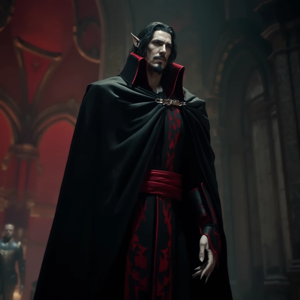 - Dracula stands tall in his throne room, viewed from a low angle, his black cloak draped over his shoulders as he gazes ahead with a cold, calculating stare. <lora:dracula_v2:1.3> film scene from Denis Villeneuve. Cinematography. Moody atmosphere.  Dracula is seen with his long black hair cascading around his pointed ears, his red eyes and groomed mustache and pointed goatee contrast his pale skin. He is wearing a smooth black cloak with a metal clasp with a chain.  He has very broad strong shoulders. The tall, blood-red angular  turned down collar of his cloak stands prominently around his neck, providing a sharp contrast to the dark, flowing fabric of his attire.  On his forearms he wears black bracers with red accents. He wears a red sash around his waist. Beneath the cloak, glimpses of red patterns on his dark outfit are just visible, complementing the overall color scheme. He has sharp red eyes. He has pale hands with claw-like fingers and sharp nails. <lora:flux_realism_lora:1>