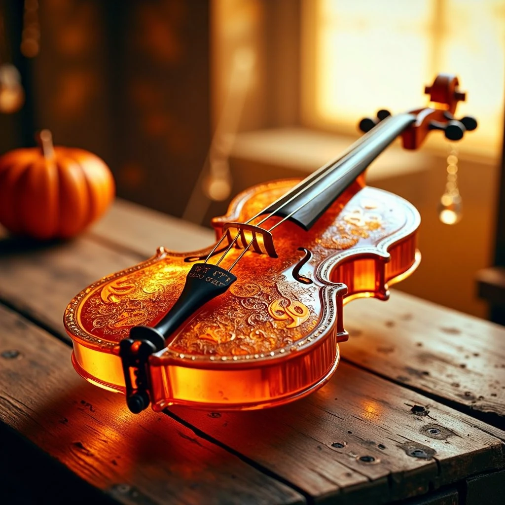 <lora:HalloweenGlowStyleFlux:1>HalloweenGlowStyle Ancient Amber themed A beautifully crafted, fragile glass violin with intricate engravings, sitting on a rustic wooden table, soft focus, warm lighting, vibrant colors, detailed texture, shallow depth of field, high resolution, crisp details, masterpiece, artistic, elegant, sophisticated, graceful, delicate, exquisite, refined, polished, vintage, timeless, classical, traditional, orchestral, musical, concert, performance, concert hall, symphony, strings, bow, resonating, echoing, resonance, sound waves, vibrations, music, art, culture, fine art, still life, visual art, art history, art museum, gallery, exhibit, visual storytelling, narrative, emotional, evocative, thought-provoking, inspiring, moving, breathtaking, awe-inspiring, stunning, magnificent, captivating, alluring, intriguing, mysterious, enchanting, hypnotic, fascinating, mesmerizing, beautiful, picturesque.