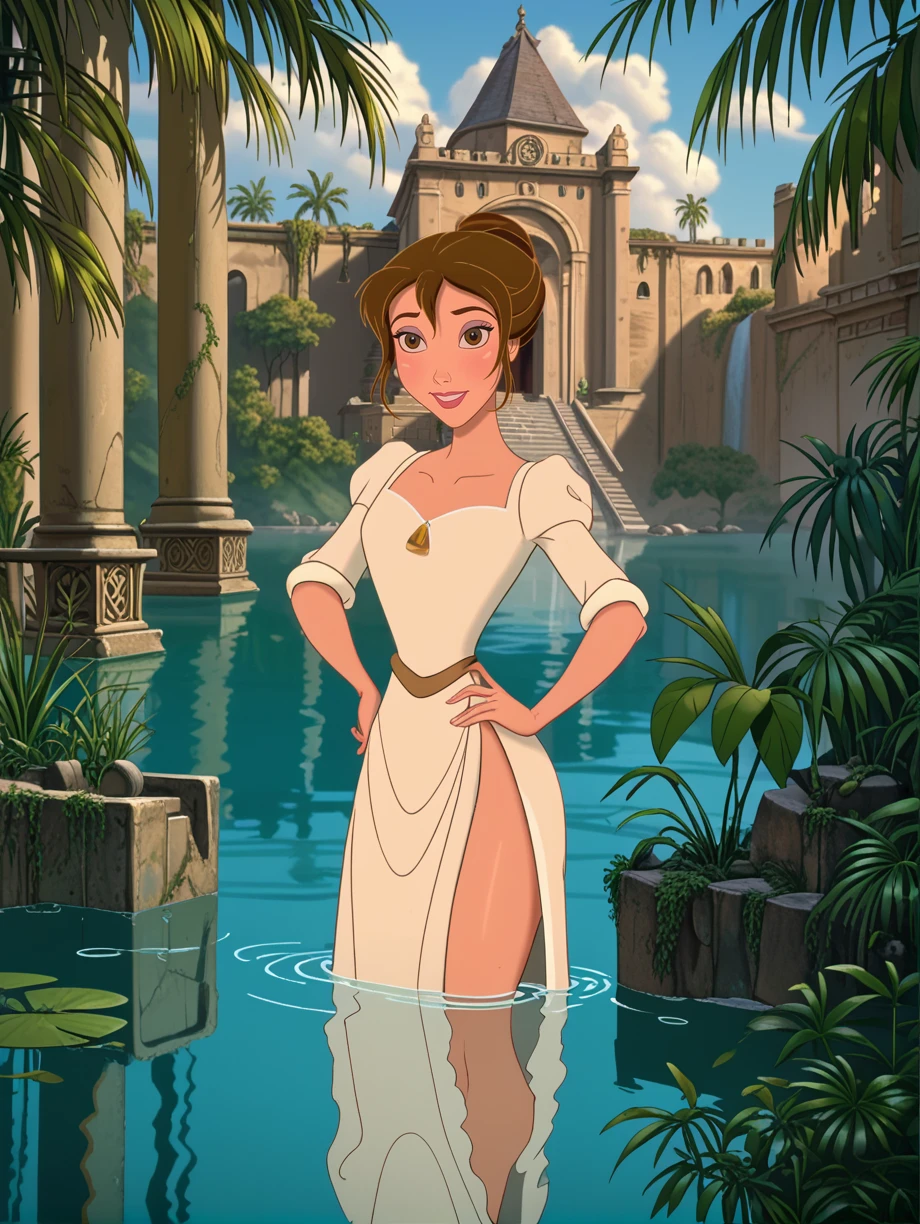 score_9, score_8_up, score_7_up, 
 <lora:Disney_Style:1>disneyrenstyle, tjane, brown eyes, brown eyes, hair bun,  1girl, solo, smile, 
legs in water, looking at viewer, stone platform, temple, pond, sunlight, morning, diffused sunlight, fountains,
silk white dress, pelvic curtain, 
standing, hand on hip, 
tropical, outdoors,