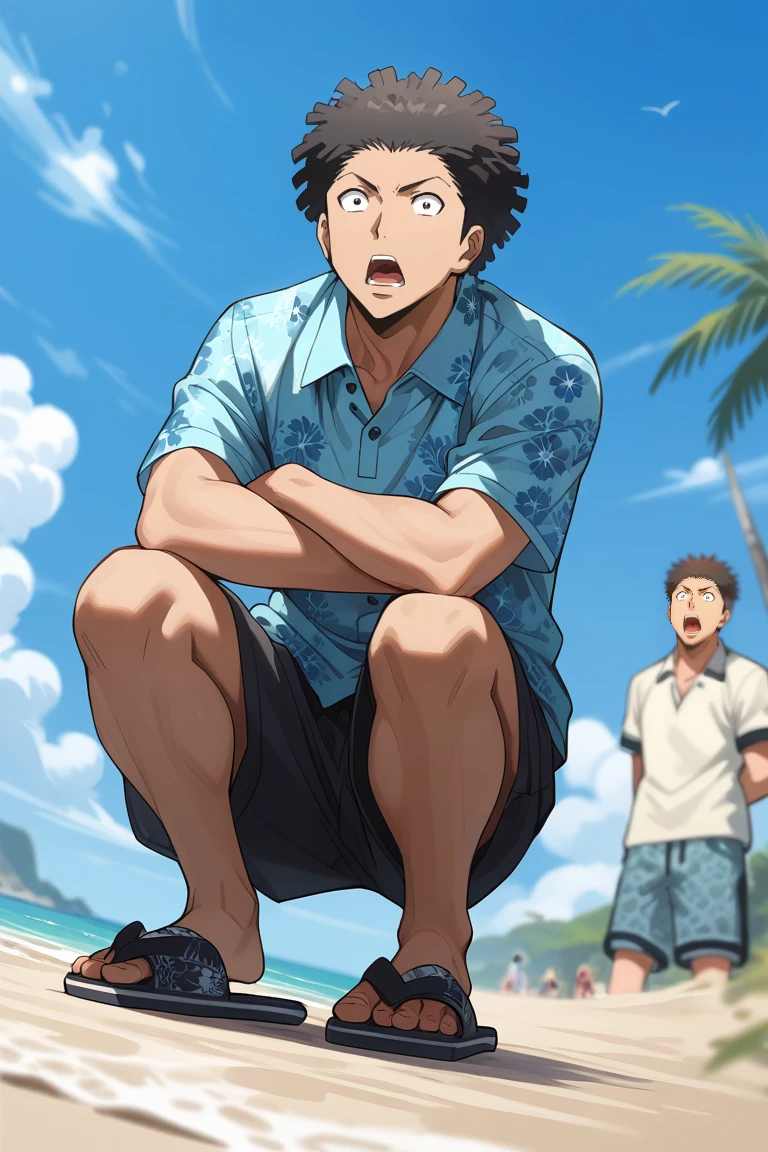 score_9, score_8_up, score_7_up, source_anime, rating_safe, day, blue sky, natural lighting, male focus, full body, squatting, TaiseiAC, black_Taisei_afro, black_Taisei_eyes, open mouth, wide eyed, polo shirt, floral print, beach shorts, slippers, surprised, 1boy, blurry outdoor beach, summer, cloud, palm tree, from below, dutch angle, intricately detailed illustration, sweatdrop, atmospheric perspective, depth of field, realistic shading