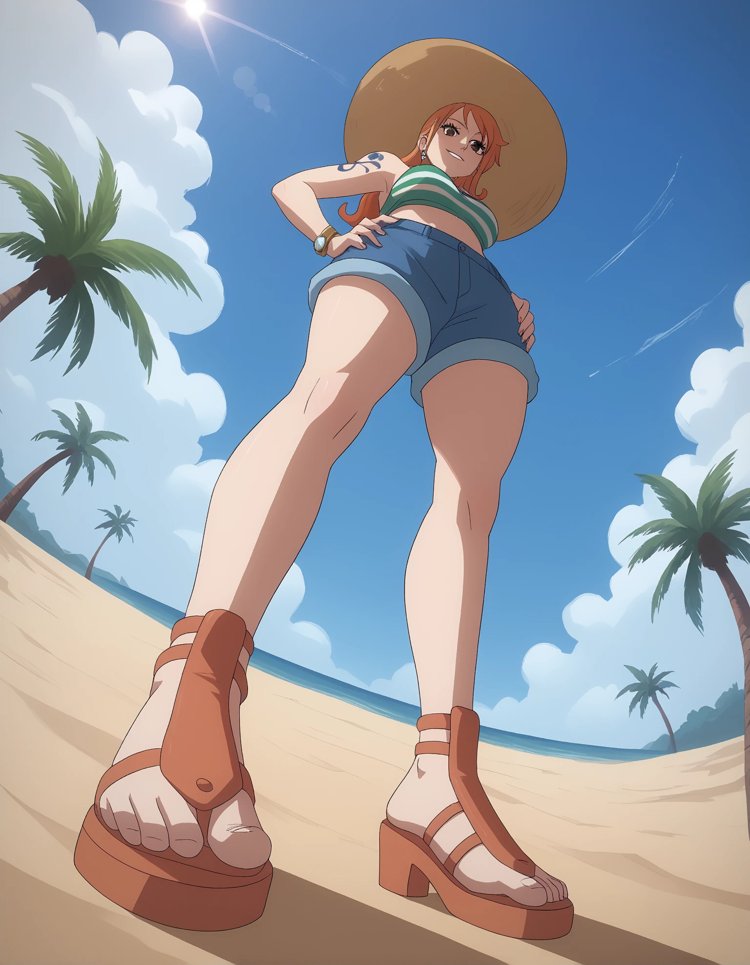 score_9, score_8_up, score_7_up, score_6_up, 
wide angle,
beach,
standing, (low angle:1.2), legs together,
1girl,
nami_\(one_piece\),
n4mi heels, 
embedding:zPDXLrl ,
embedding:zPDXL2 ,