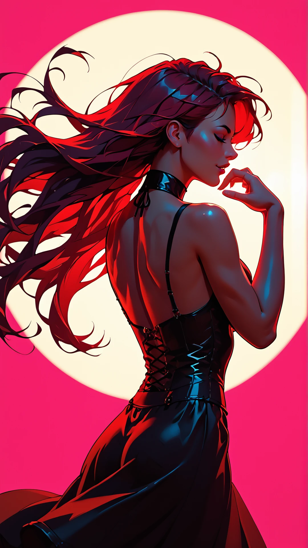 score7_up, photography,  the wind blows in her long hair, back view, sensual pose, backlight effect, neon background, flat colors, <lora:Vivid-color-style_ponyXL_LOREVER:0.8> femillustration