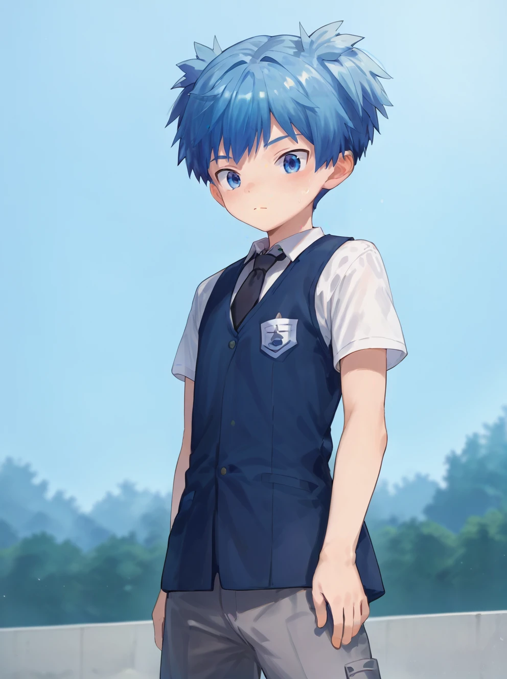 score_9,score_8_up,score_7_up,score_6_up,source_anime,masterpiece,best quality,high-detailed,Ray Tracing BREAK <lora:bttn4:0.8>,1boy,Nagisa Shiota,blue hair,school uniform,blue vest,dark blue eyes,grey pants,short twintails,black tie,solo,<lora:Nagisa_Shiota_Pony_XL:0.8>,score_9,score_8_up,score_7_up,score_6_up,
source_anime,<lora:StS_age_slider_v1_initial_release:-4>,