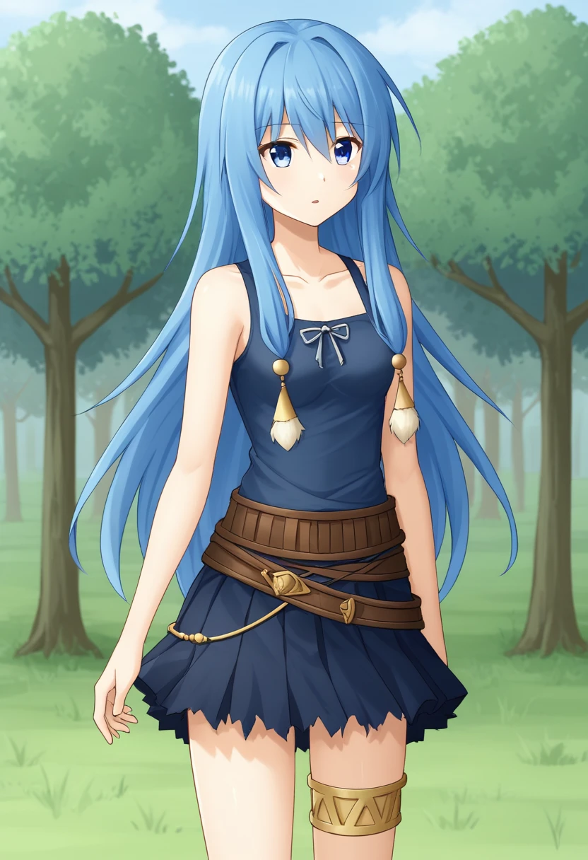 1girl, solo, arielerialritua, duel monster, blue hair, long hair, blue eyes, pom pom \(clothes\), dark blue shirt, sleeveless, collarbone, torn skirt, belt, thighlet, outdoors, standing, parted lips, cowboy shot