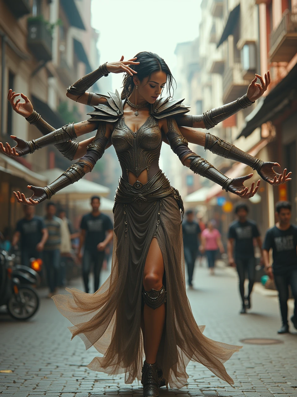 papiyan,fantasy cinematic of a beautiful woman has multiple arms,dancing pose on street,with armored_dress, 