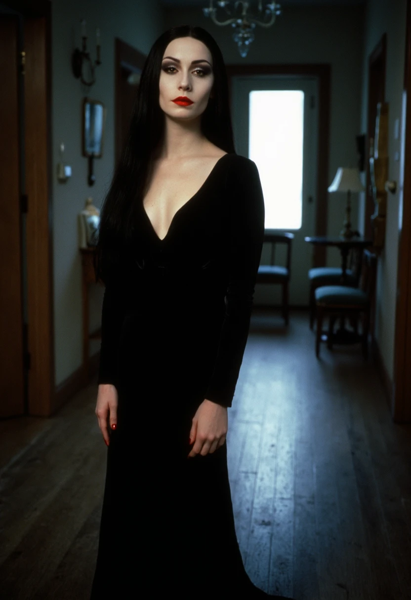 Photo of mrtc4ddms, pale skin, long black dress, sexy, haunted mansion ambience, Addams Family style, amazing composition, high resolution photo, 35mm 