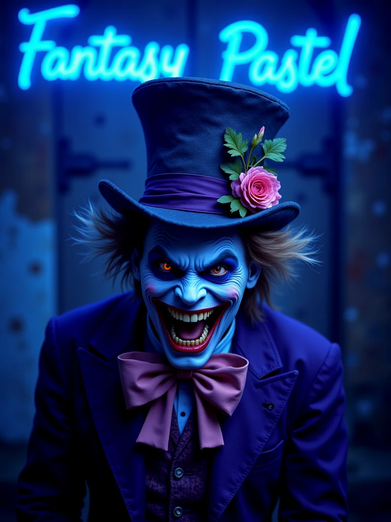 Blue neon lettering at the top "Fantasy Pastel".

A pastel Mad Hatter, from Alice's Adventures in Wonderland. Horror.

He has evil eyes and a dark gash for a mouth. The atmosphere is malevolent.

FntsyPstlCE style