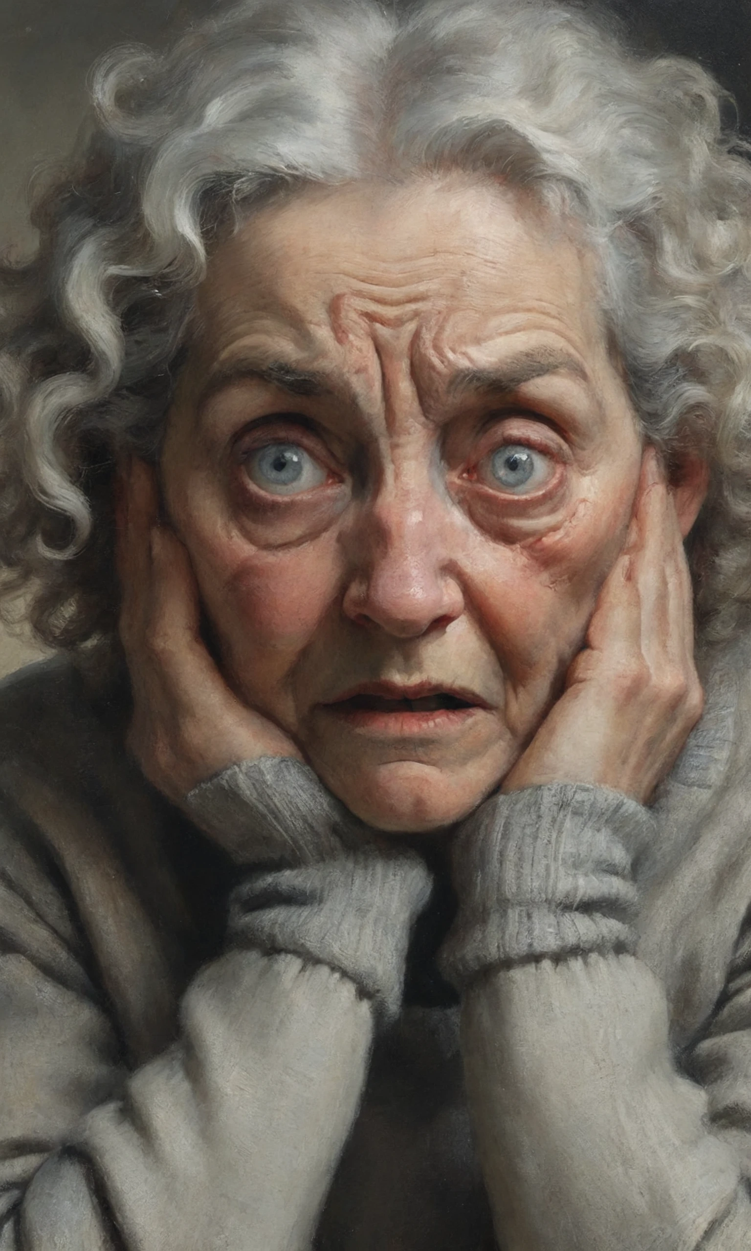 painting close up portrait of an old dutch woman in pain, face writhing in pain, grey eyes, wide open eyes, looking at the viewer, curly white and grey hairs, wearing a turtleneck sweater