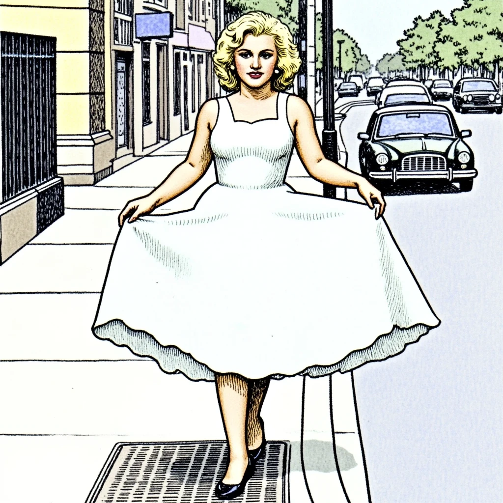 illustration of Marilyn Monroe, wearing the famous white dress, standing on a sidewalk grate, wind blowing her dress up, in the style of MVILS