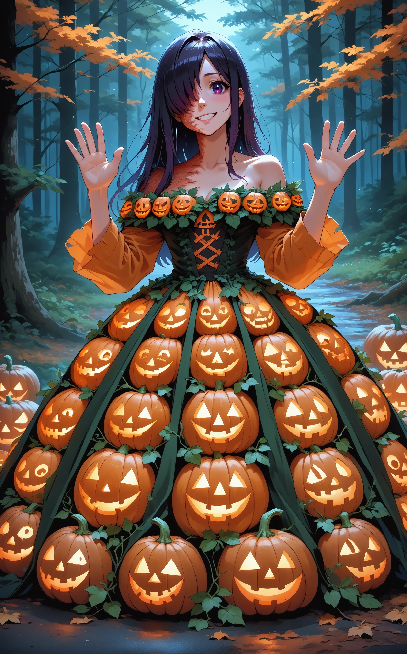 score_9, score_8_up, score_7_up, source_anime, <lora:wrenchHauntedHarvestGown:1>, wrnchhhg, bare shoulders, halloween, pumpkin, jack-o'-lantern dress, off-shoulder dress, strapless dress, 
<lora:NSHanakoKatawa:1>, NSHanakoMisc, purple eyes, hair over one eye, black hair, long hair, scar on face, scar on hand, scar on body, 
smile, waving, forest, forest background, night,