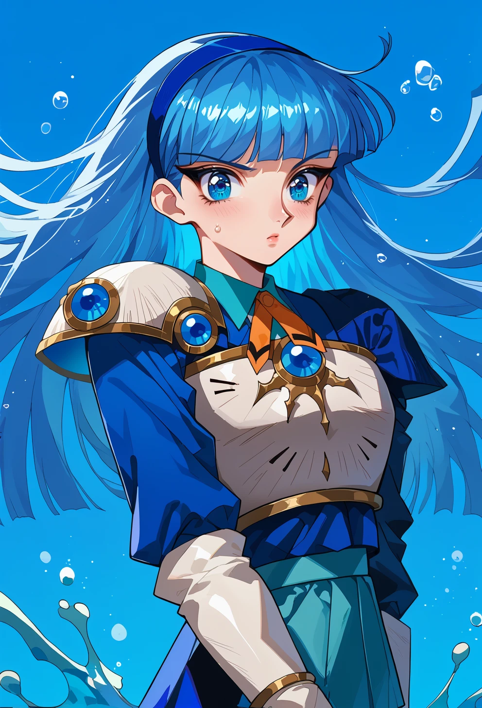 score_9, score_7_up, source_anime, solo,  <lora:AEUmi-000009:1.3> BREAK gradient background, blue background, water,
blue eyes, blue hair, blunt bangs, long hair, blue hairband, 
AEUmiKnight, white breastplate, single shoulder pad, shoulder armor, thigh armor, white footwear, white thigh boots, zettai ryouiki,
full body,