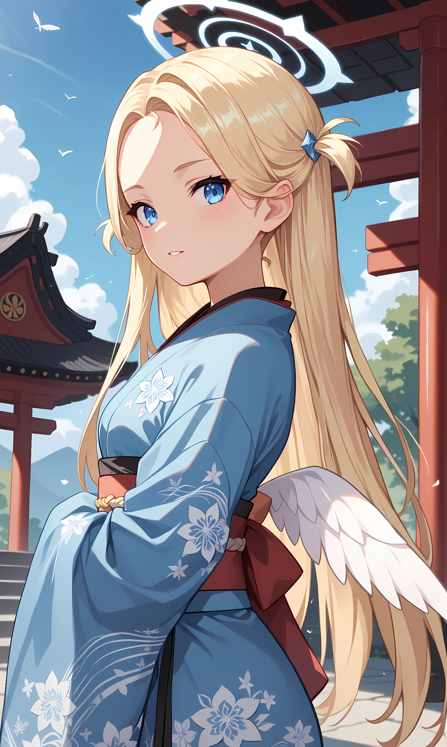 score_9, score_8_up, score_7_up, source_anime, 1girl, solo, outdoors, shrine, cowboy shot, standing, looking at viewer, shiny skin, sora, blue eyes, blonde hair, two side up, long hair, halo, mini wings, white wings, low wings,blue kimono, floral print, wide sleeves, japanese clothes, sash