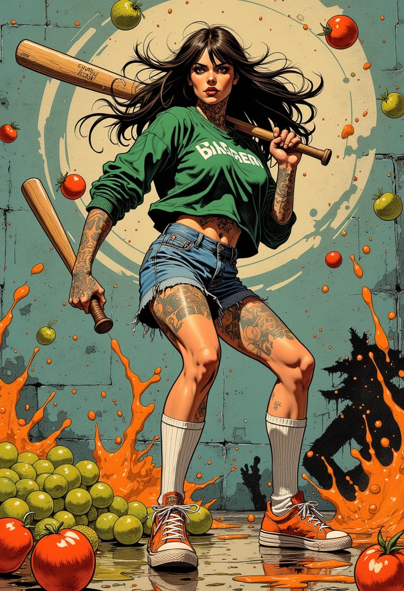 Comix book style, full body, liquid splash, cartoonish juicy fruits chaos, dynamic pose, dynamic camera, a fashion shoot, an illustration of a young woman threateningly holding a baseball bat in her hands, full body tattoo, wearing green short sweater, miniskirt, knee socks, orange sneakers, aggressive facial expression, wall with graffiti in the background, insanely detailed and intricate, dramatic light, Brian Despain, Tim Burton, fantastical contraptions, bulbous, surrealism, masterpiece, promotional image, emphasizes emotion over realism.