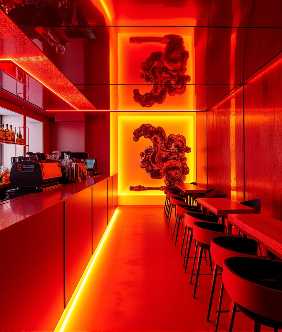 redinsidebylaushine,Gradient red and yellow,high angle shot of an open cafe made of the materials like crystal,illumated by spotlight,a high-tech coffee machine on the long bar counter which is on the left side,in center of the space,there is a big engine-like still_life,the sculpture surrounded by multiple chairs and tables