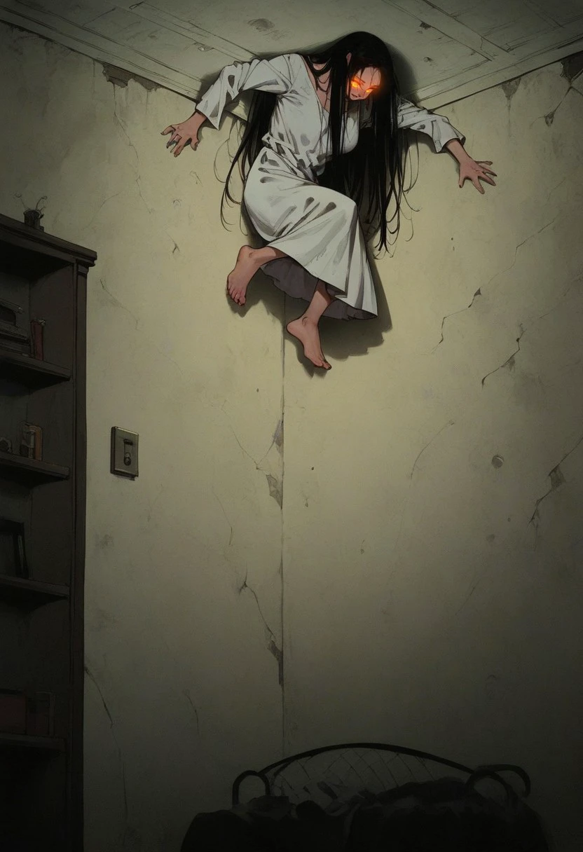 safe_pos, score_9, score_8_up, score_7_up, 1girl, solo, p0ssessed, ceiling, corner. wall, low angle, view from below, against wall, ghost, white dress, long hair, black hair, room, dark, low light, night, DarkFantasy, glowing eyes, barefoot, feet, sinozick style, flat color, dark theme,