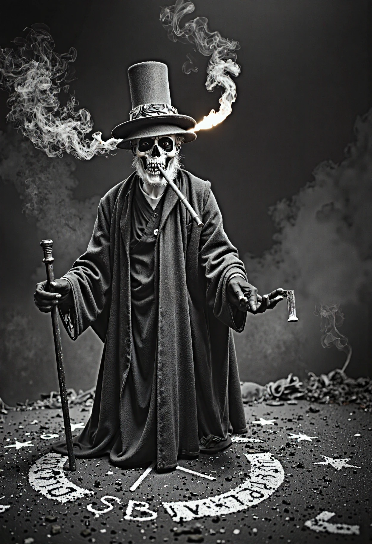 baron_samedi,An intense black-and-white photo of Baron Samedi performing a voodoo ritual. He holds a cane and a lit cigar, his skeletal face makeup glowing faintly under the moonlight. The ritual scene is bathed in dark shadows, with symbols drawn in the dirt around him.