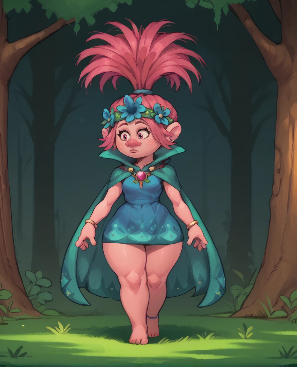 score_9,score_8_up,score_7_up,
qpoppyxl,pink hair,ponytail,pink eyes,solo,
cape,thick thighs,hips,
bracelet,hair flower,head wreath,dress,
forest,night,<lora:QueenPoppyXL>,