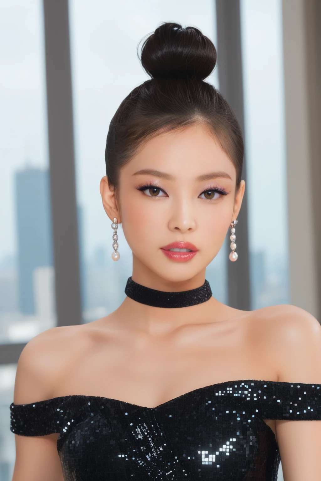 score_9,score_8_up,score_7_up,
1girl,solo,looking at viewer,jewelry,earrings,black hair,brown eyes,jenniePONY,long hair,lips,makeup,parted lips,single hair bun,hair bun,
looking at viewer,
upper body,
window,cityscape,
choker,jewelry,
,
black sequins dress,
dynamic pose,dynamic angle,<lora:jenniePONY:0.7>