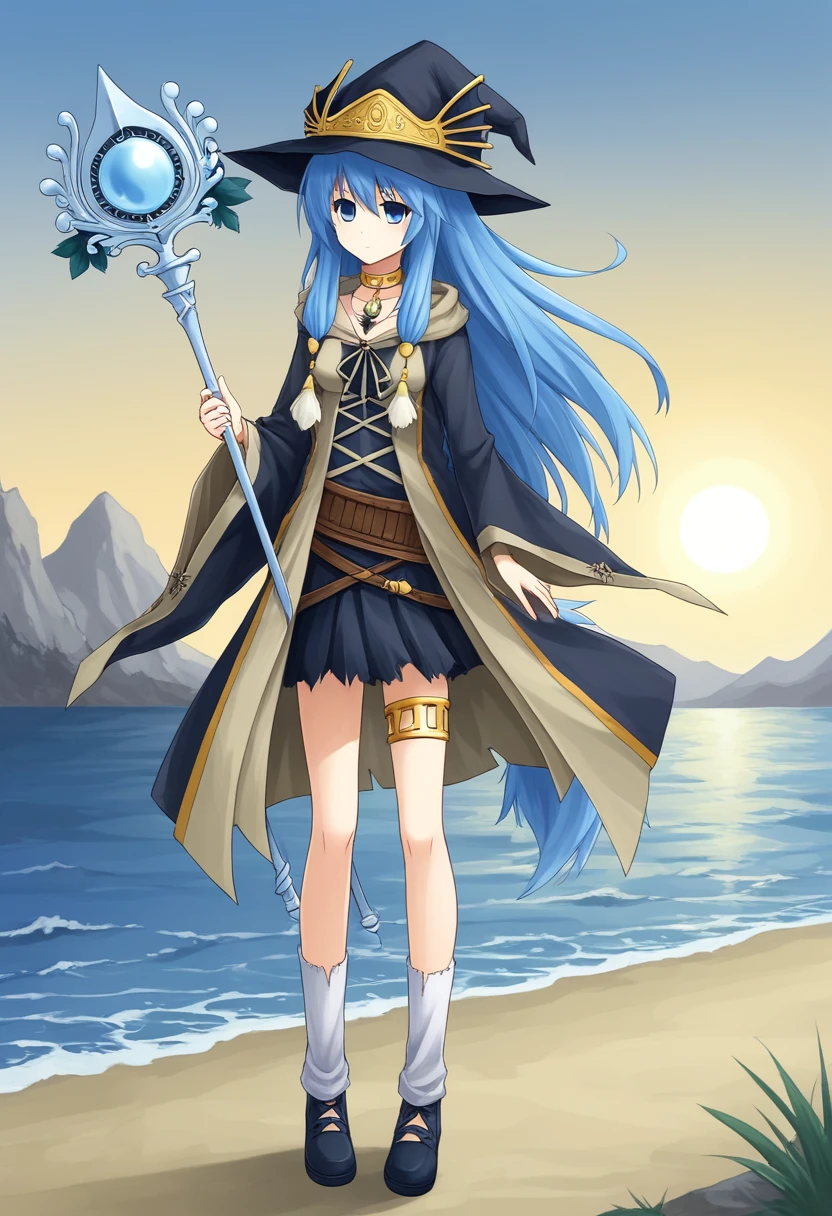 1girl, solo, arielerialritua, duel monster, blue hair, long hair, blue eyes, witch hat, pom pom \(clothes\), choker, necklace, hooded robe, wide sleeves, torn skirt, belt, thighlet, leg warmers, shoes, holding, staff, outdoors, sea, full body