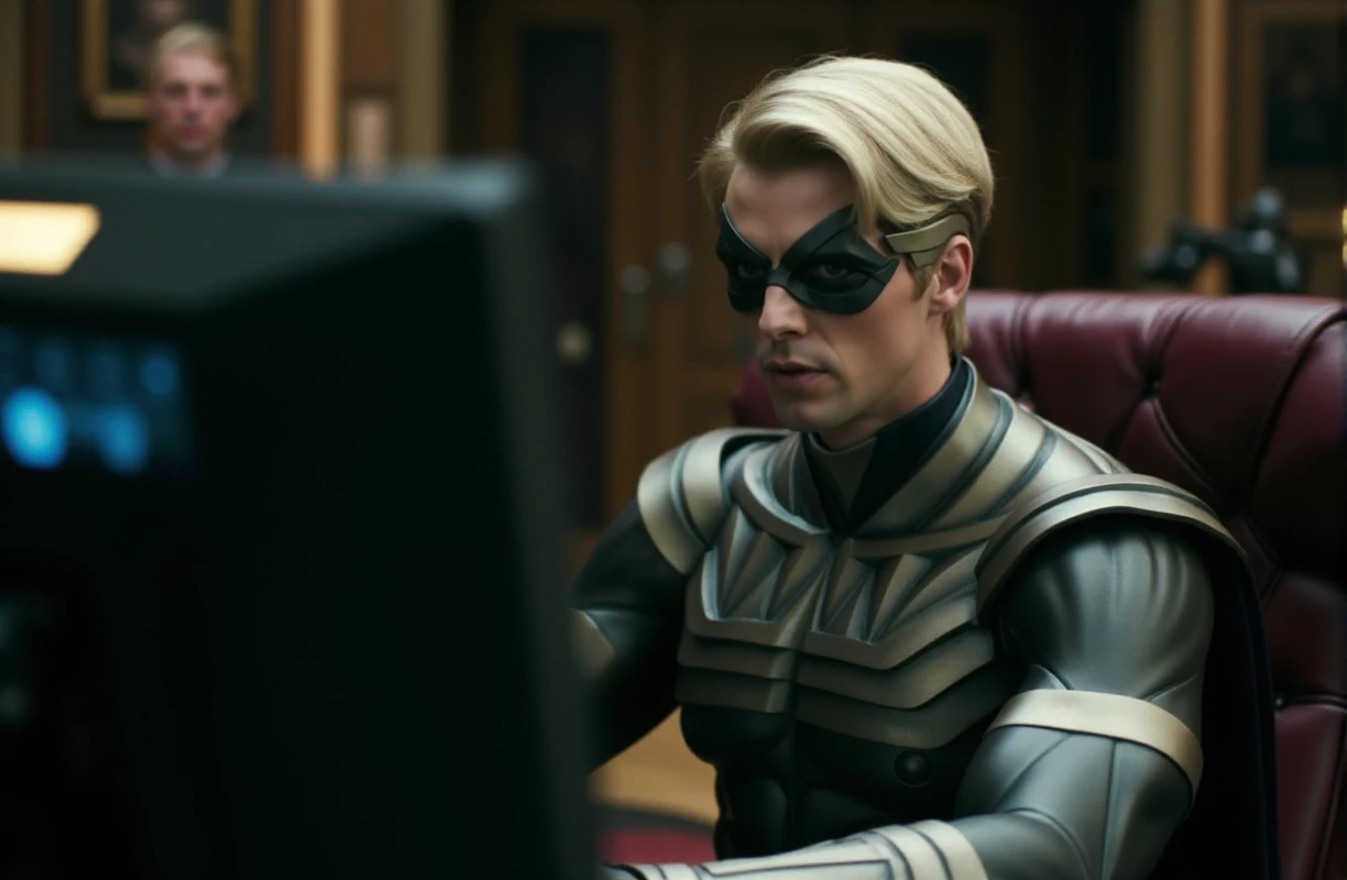 Ozymandias, a man with short blond hair and sideheadornament and a black mask in a suit with a cape. He is using chatgpt on a computer <lora:Ozymandias:0.9>