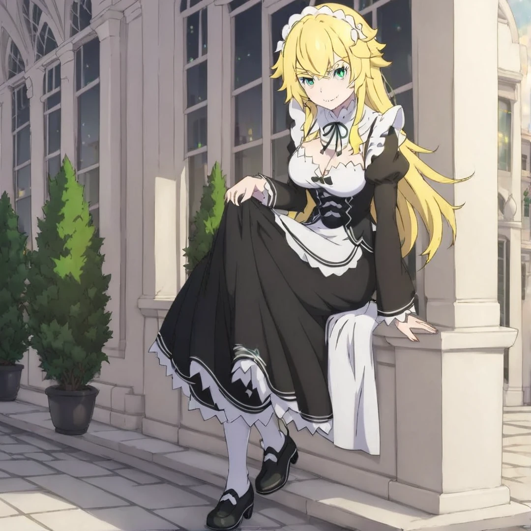 <lora:Frederica:1>, frederica, pale gold hair, green eyes, has a muscular build, a mouth, sharp fangs, maid outfit, large breasts, black shoes, cute face, long hair, solo, in a city, full body, looking at viewer