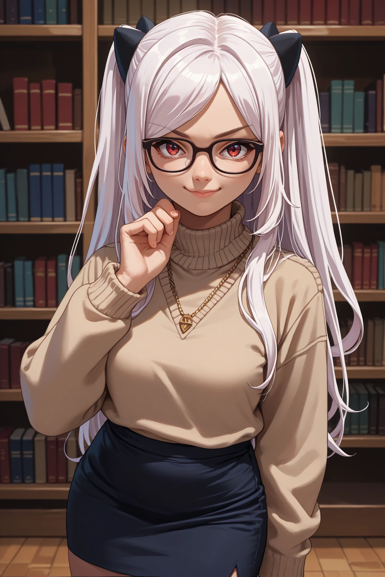 score_9, score_8_up, score_7_up, score_6_up, source_anime, 1girl, solo,  <lora:alexiamidgar-pdxl-nvwls-v1-000005:1> al3xia, white hair, red eyes, two side up, long hair, glasses, beige sweater, black skirt, pencil skirt, library, looking at you, smug