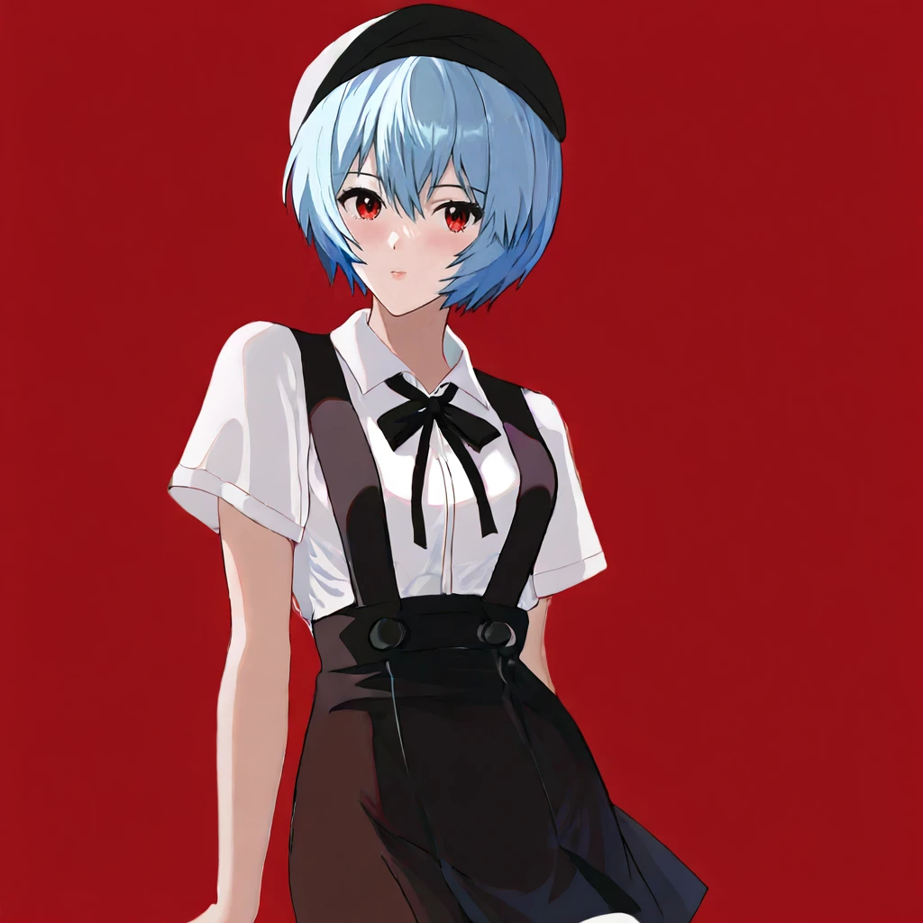 <lora:reinge_pony_v1:.8>  ReiNGE, 1girl, ayanami rei, blue hair, red eyes, short hair,  cowboy shot,  <lora:0902 Home wear 5_v1_pony:1> ruanyi0902,beret,black ribbon,collared shirt,black pantyhose,high-waist skirt,white shirt,suspenders