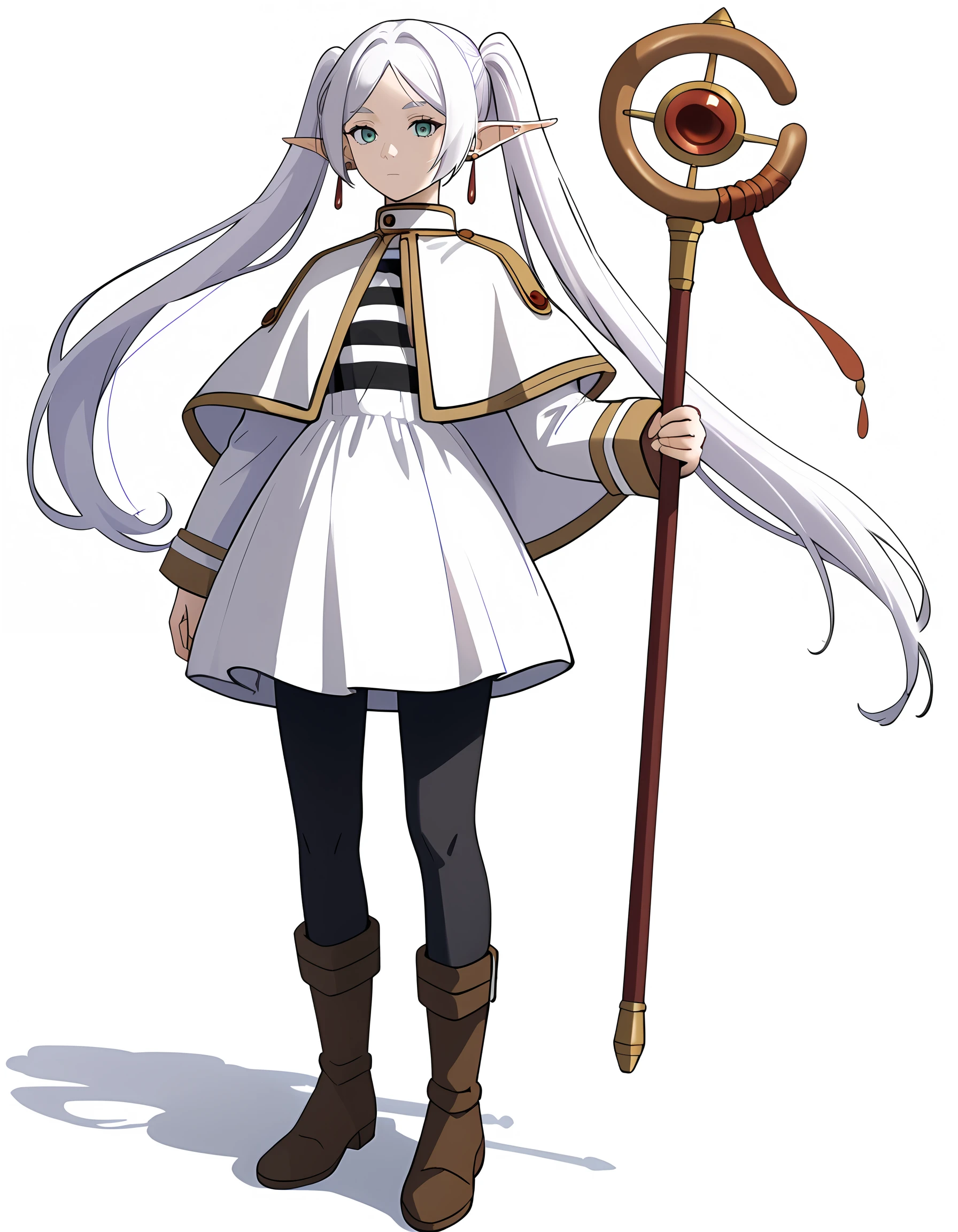 <lora:Frieren:1>, fr1eren, 1girl, white capelet, black pantyhose, striped shirt, full body, holding staff, brown footwear, white background, long hair, boots, jewelry, dangle earrings, simple background, looking at viewer, striped clothes, long sleeves, mage staff, white dress, standing, white skirt, closed mouth