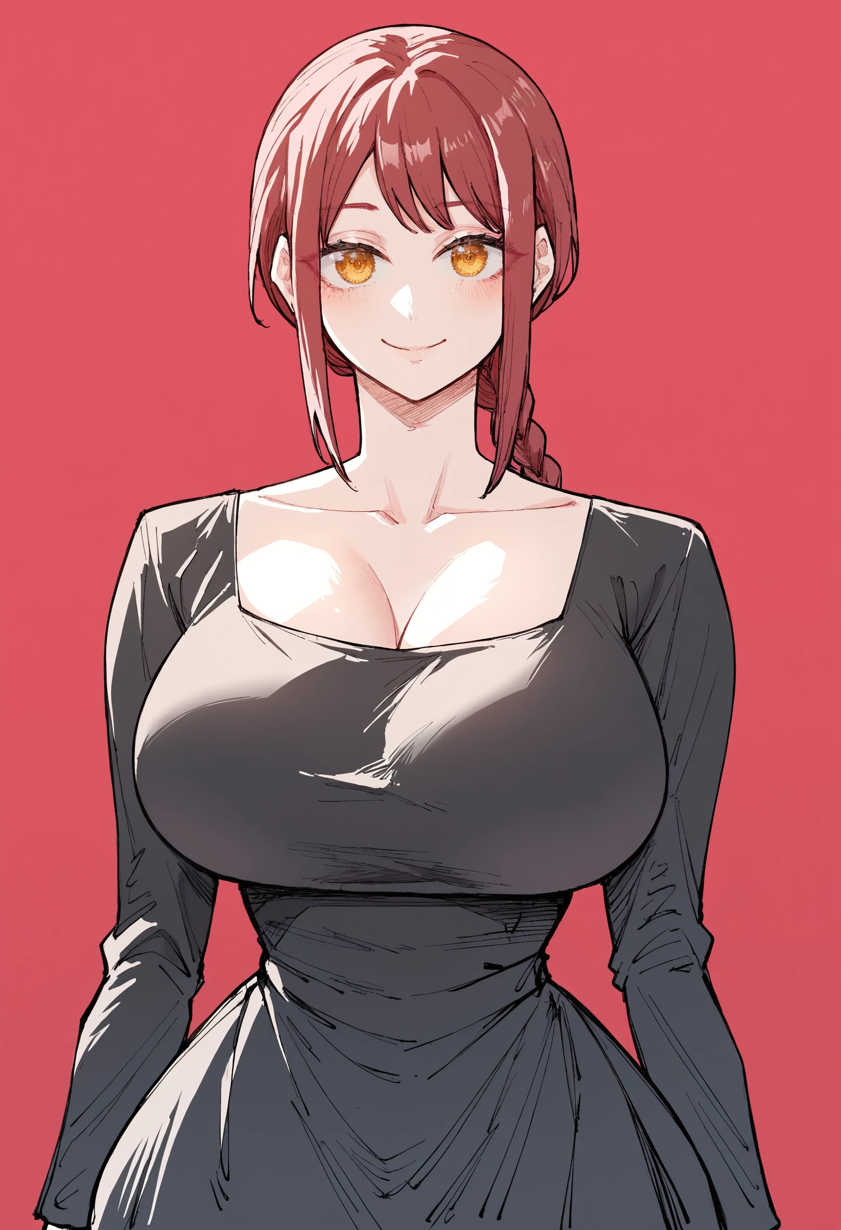 score_9, score_8_up, score_7_up, score_6_up, 1girl, makima, long hair, smile, bangs, yellow eyes, braid, red hair, braided ponytail, ringed eyes, massive breasts, massive ass, dress, black dress, collarbone, long sleeves, hands behind back. looking at viewer,  facing forwards, simple background, red background, close-up, manga, halftone,  <lora:chainsawman-makima-manga-ponyxl-lora-nochekaiser:0.9>
(huge breasts:1.3),
<lora:Senukin69_Style:1>