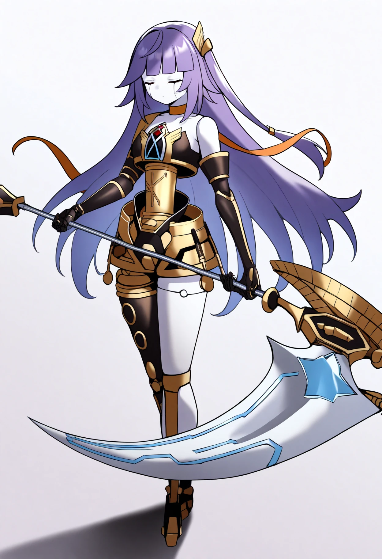 best quality, amazing quality, very aesthetic, absurdres,
1girl, orcustgalatea, purple hair, long hair, android, closed eyes,
doll joints, duel monster, elbow gloves, joints, robot, robot joints,
holding scythe, weapon,
full body, standing, solo, simple background, white background    <lora:OrcustGalateaIllustriousXL_byKonan:1>