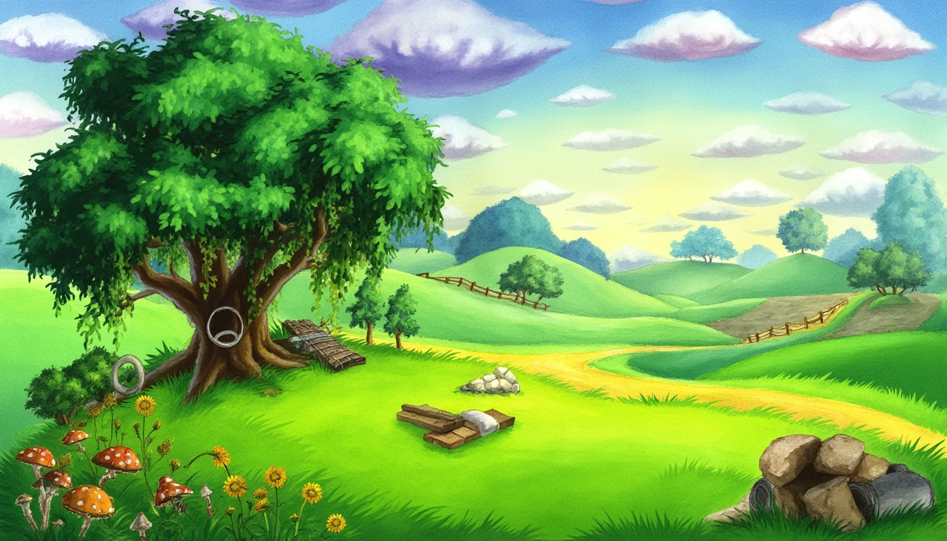 The PIVIG image style. The image is a vibrant, whimsical digital illustration depicting a large, beautiful clearing covered with soft, tender green grass. EXACTLY in the middle of the clearing is a beautiful, thick tree with a dark-brown trunk, bizarre and pleasing to the eye almond-shaped leaves of very varied shapes. The sun plays on the lush, dark-emerald crown of the tree. A round gray hoop from a barrel hangs on one branch. Under the tree, to the left of the trunk, lies a pile of broken boards and another gray hoop from a barrel.
On the sides of the clearing grow several small bushes with almond-shaped leaves and several twisted brown legs. In the clearing itself, golden dandelions grow in bushes. On the left side stand several VERY small, neat orange mushrooms on curved white legs. In the background, round green hills of a green-turquoise color stretch away into the distance to the shimmering horizon, on each of which grows a small beautiful tree. The sky above is a gradient of soft blue and white, slightly pink below, filled with very elongated white clouds, suggesting a peaceful sunny day and a very early sunset.
From the clearing there is a long winding yellow sandy path that moves through green grass to the horizon past hills. The overall scene is rich in color and texture, mixing elements of nature with a touch of fantasy and whimsy. Some elements have a slightly surreal, cartoonish look, adding to the whimsical atmosphere. The entire scene is done in watercolor.