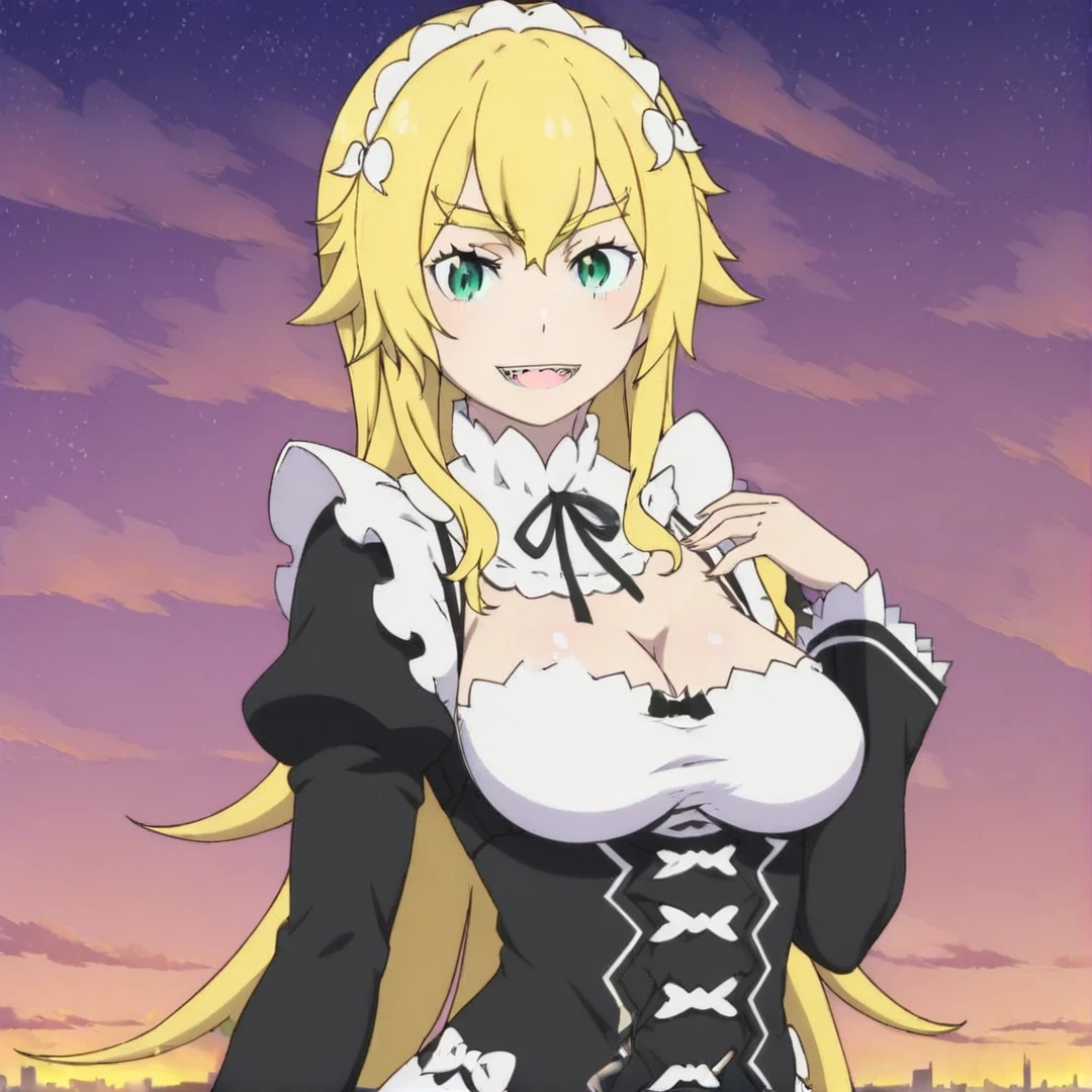 <lora:Frederica:1>, frederica, pale gold hair, green eyes, has a muscular build, a mouth, sharp fangs, maid outfit, large breasts, black shoes, cute face, long hair, solo, in a city, full body, looking at viewer, close up