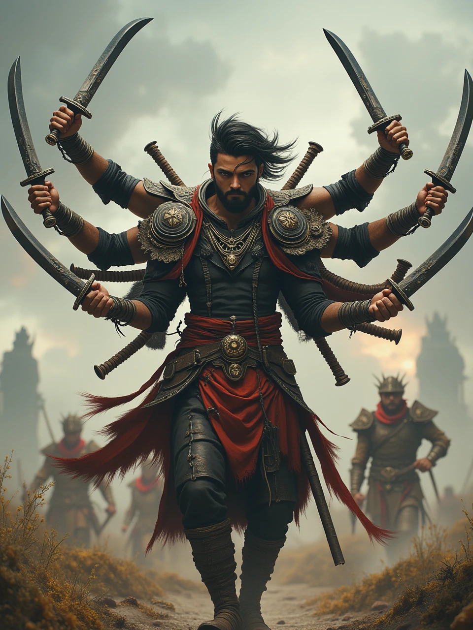 papiyan,fantasy cinematic of a handsome male has multiple arms,holding multiple weapons like sword,knife and stick,fighting_stance on battlefield, 