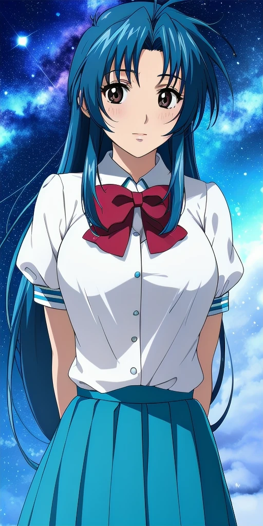 <lora:ChidoriV2:0.7> kaname_chidori_low-tied_long_hair, huge_breasts, standing, solo, arms_behind_back, starry_sky, white_shirt_short_sleeves_aqua_plaid_skirt_red_bowtie, red_hair_bow,, masterpiece, best_quality, detailed_face, detailed_eyes, highres, beautiful, detailed, absurdres,