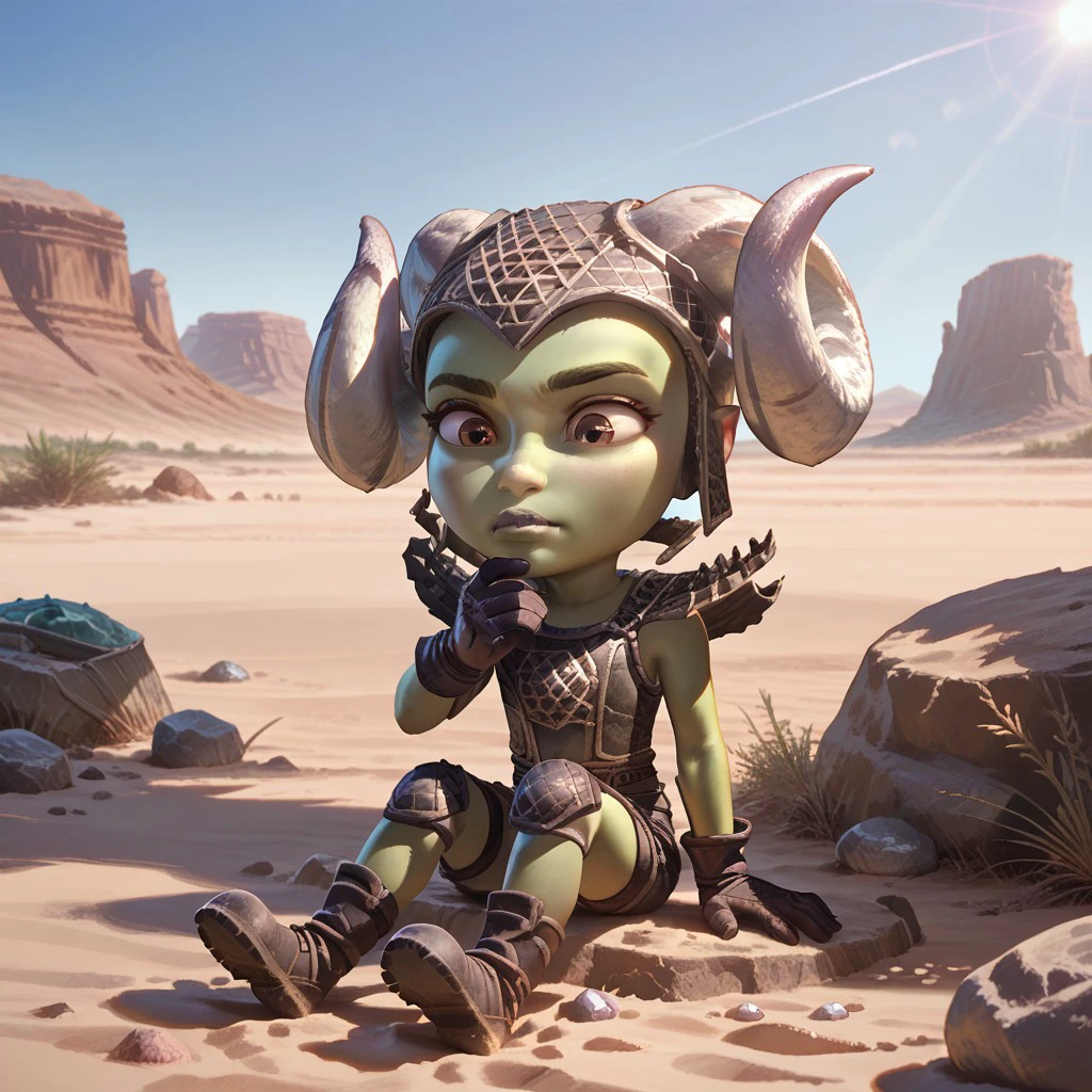 score_9, score_8, score_7, break, solo, female child, april_gorlock, 1girl, green skin, gloves, helmet, horns, armor, sitting, rock, sand, desert, oasis, natural lighting