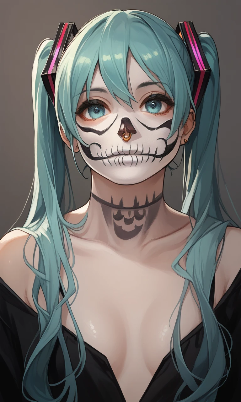 source_anime, ((score_9)),score_8_up,score_7_up,score_6_up,score_5_up,score_4_up, 1girl, hatsune miku. long hair, twintails, halloween, (SKULLF4C3XL:1.4), skull tattoo, (facial_tattoo), skeleton makeup, (skull facepaint),