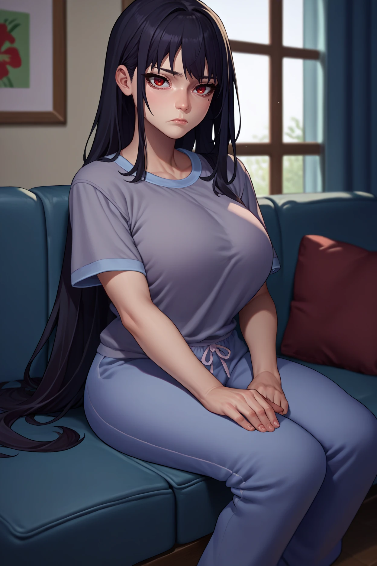 score_9, score_8_up, score_7_up, score_6_up, source_anime, 1girl, solo, <lora:clairekagenou-pdxl-nvwls-v1-000005:1> kagenouclaire, black hair, long hair, red eyes, big breasts, grey shirt, short sleeves, pajama pants, sitting, couch, tired, indoors, apartment, looking at you