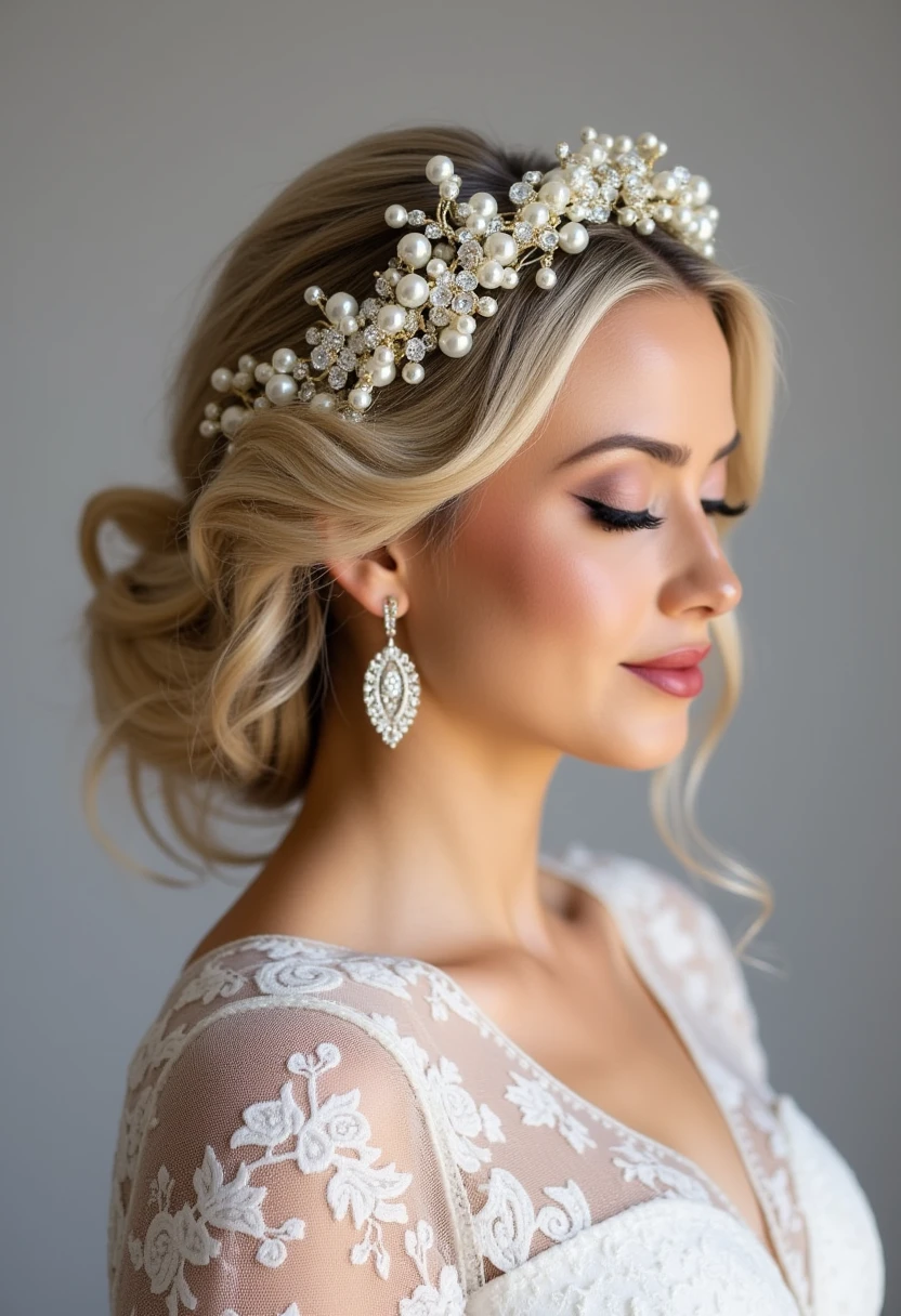 This image is a high-resolution photograph of a woman's profile, showcasing her elegant hairstyle and accessories. The background is a plain, neutral gray, allowing the subject to stand out prominently. The woman has long, wavy blonde hair styled in a sophisticated updo with soft curls cascading down her back. Her hair is adorned with delicate floral and pearl hairpieces, including a large, intricately designed headpiece featuring white flowers and pearls. She is wearing large, dangling earrings that match the headpiece, adding to the overall bridal or formal look. Her makeup is minimalistic yet polished, featuring soft, natural tones with a slight blush on her cheeks and a glossy lip. The woman is dressed in a white, lace garment, likely a part of a bridal ensemble, with intricate lace details visible on the shoulder. The texture of the lace is smooth and delicate, adding to the refined and romantic atmosphere of the image. The overall composition is serene and graceful, capturing the beauty and elegance of the subject. M4RL1
