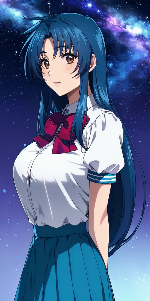 <lora:ChidoriV4:0.7> kaname_chidori_low-tied_long_hair, huge_breasts, standing, solo, arms_behind_back, starry_sky, red_hair_bow, white_shirt_short_sleeves_aqua_plaid_skirt_red_bowtie, masterpiece, best_quality, detailed_face, detailed_eyes, highres, beautiful, detailed, absurdres,