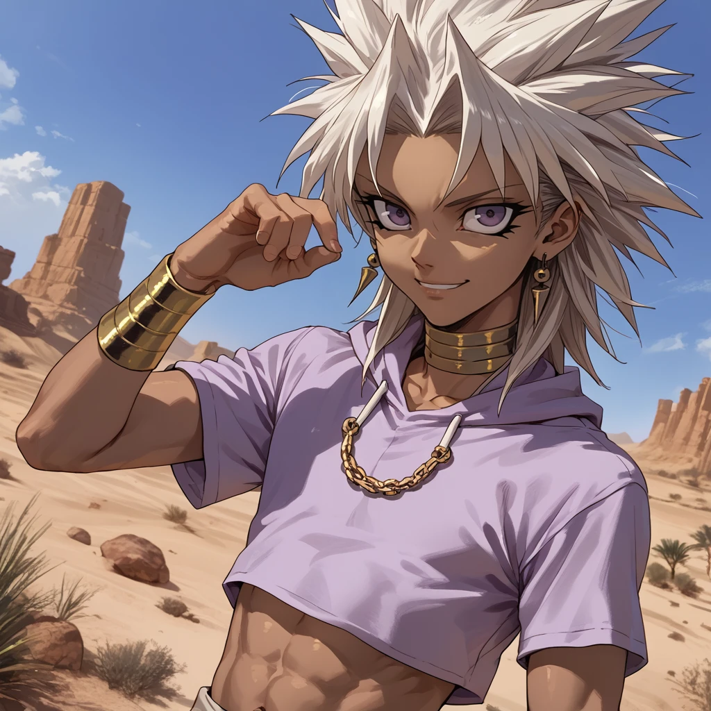 score_9, score_8_up, score_7_up, best quality, source_anime, <lora:Pony_DetailV2.0:1>,  <lora:marikPony:1>, marik_ishtar, white hair, purple eyes, smiling, jewelry, lavender shirt, crop top, desert, detailed background, 1boy, male, dark skin, solo, dynamic angle, spiked hair, purple eyes,