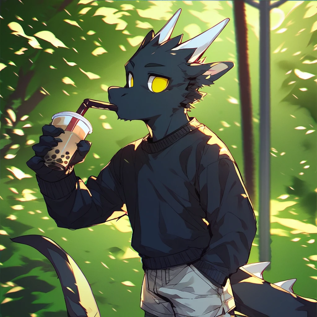 score_9_up, score_8_up, score_7_up, source_furry, mikus-style, black dragon, black body, white horns, yellow eyes, park, holding, bubble tea, black sweater, gray shorts, 1boy, solo