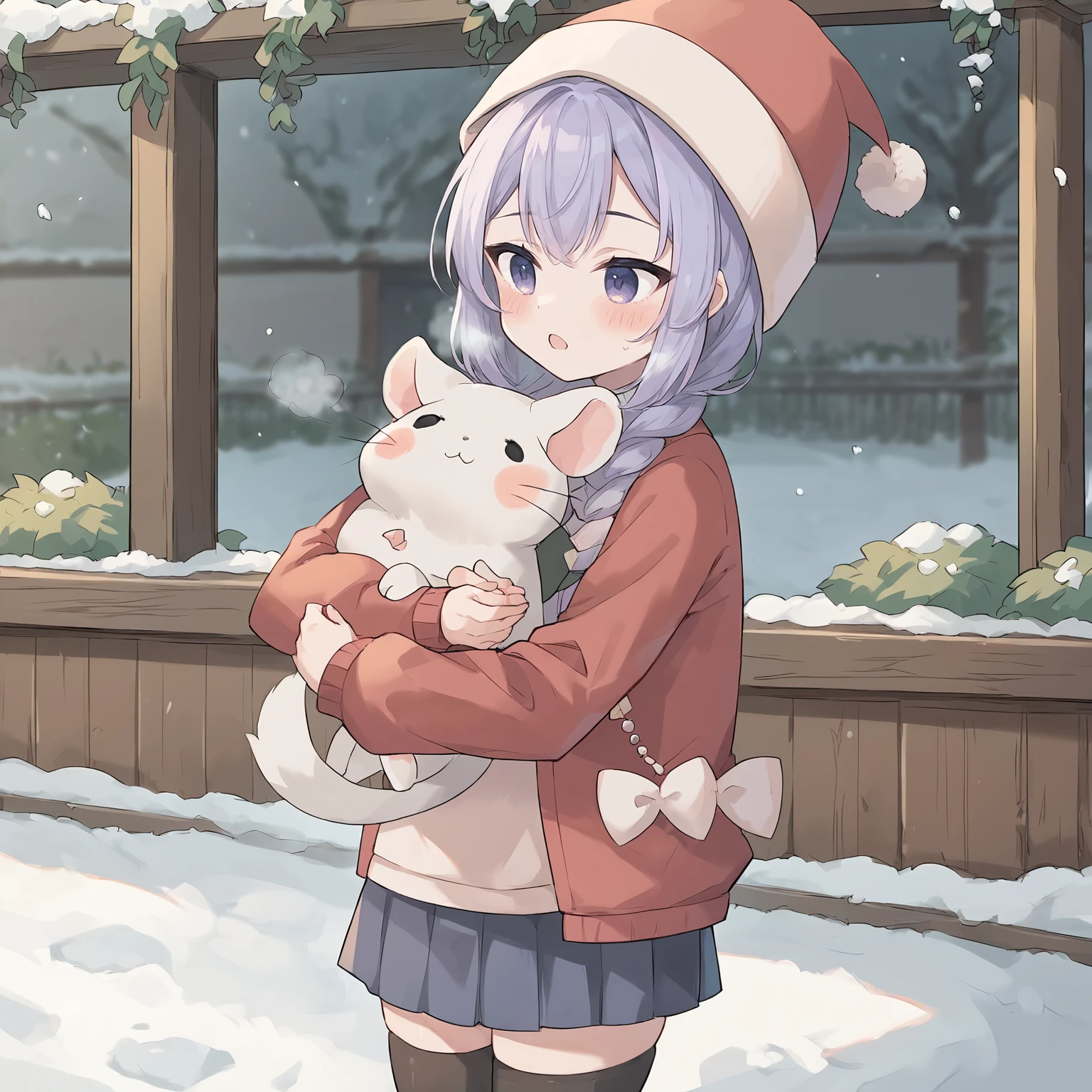 score_9, score_8_up, score_7_up
1girl, standing, outdoors, garden open mouth, blush, holding chinchilla, animal, hug, heavy breathing, snow, winter
<lora:Hanamori-Natsumi-m4-000005:1>
Hanamori-Natsumi
purple hair, twin braids, red sweater, skirt, black thighhighs, hat